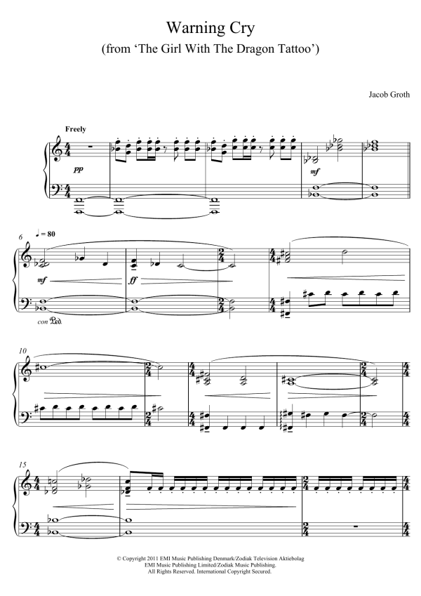 Jacob Groth Warning Cry (From 'The Girl With A Dragon Tattoo') Musik Noten - Piano Solo - 124012-0