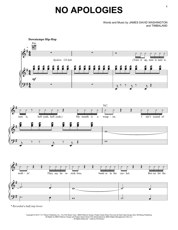 Jamal/Jussie Smollett/Hakeem/Bryshere Gray No Apologies Musik Noten - Piano, Vocal & Guitar Chords - 159952-0