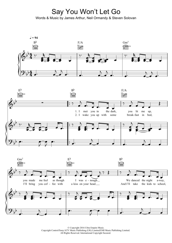 James Arthur Say You Won't Let Go Musik Noten - Piano, Vocal & Guitar Chords - 123733-0