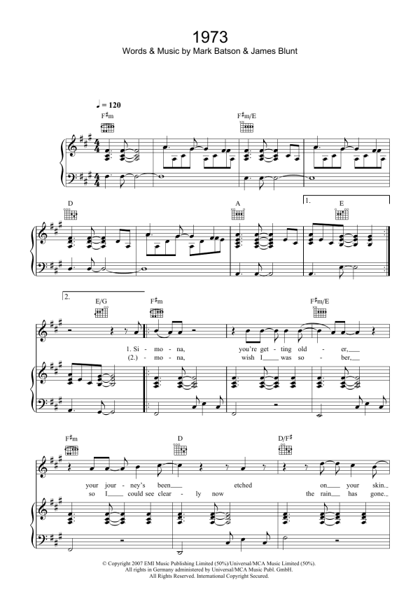 James Blunt 1973 Musik Noten - Piano Chords/Lyrics - 107153-0