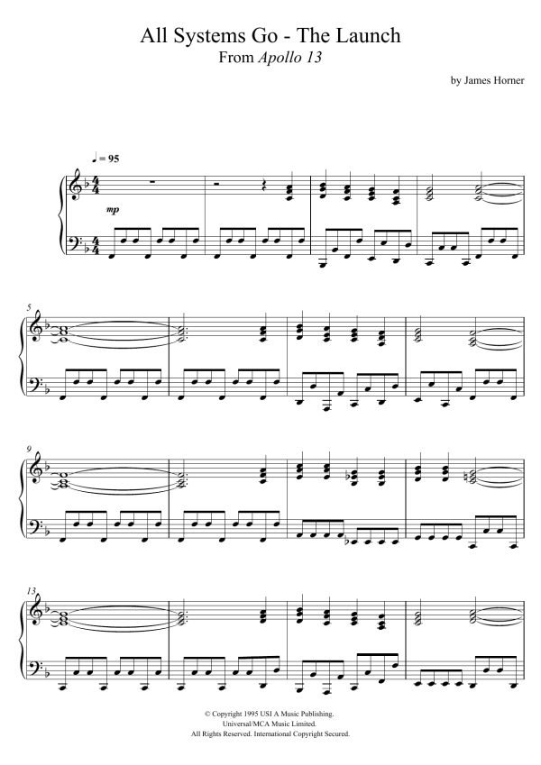 James Horner All Systems Go - The Launch (From 'Apollo 13') Musik Noten - Piano Solo - 121605-0