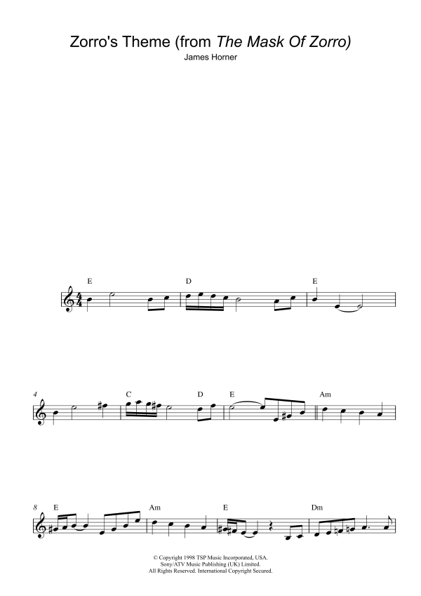 James Horner Zorro's Theme (from The Mask Of Zorro) Musik Noten - Piano Chords/Lyrics - 117524-0