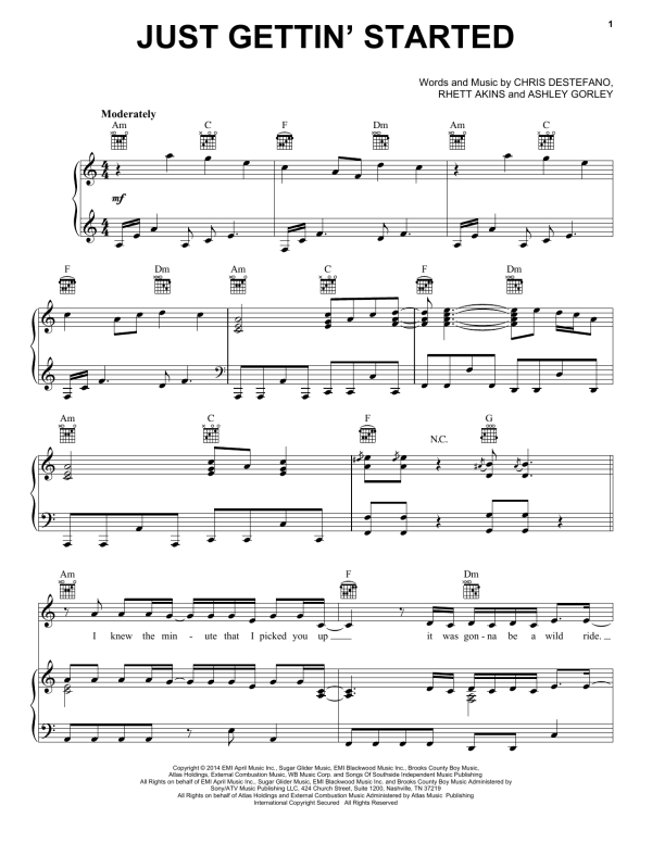 Jason Aldean Just Gettin' Started Musik Noten - Piano, Vocal & Guitar Chords - 157864-0