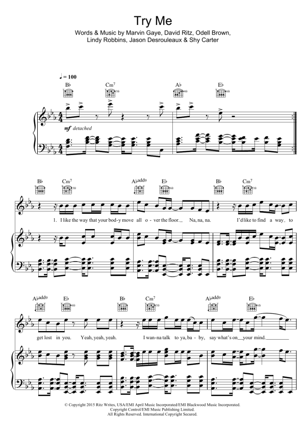 Jason Derulo Try Me (featuring Jenifer Lopez) Musik Noten - Piano, Vocal & Guitar Chords - 121575-0
