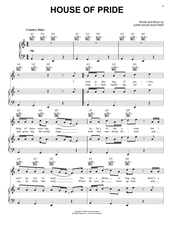 J.D. Souther House Of Pride Musik Noten - Piano, Vocal & Guitar Chords - 155235-0