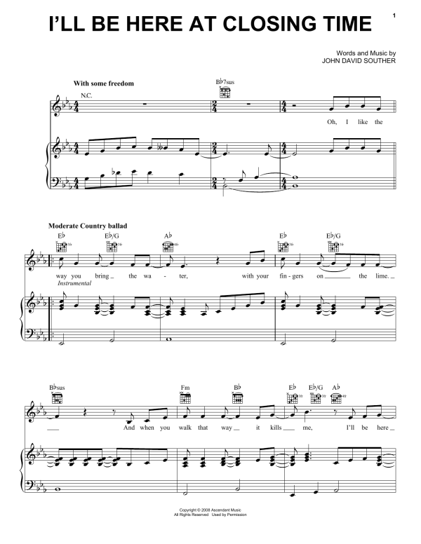 J.D. Souther I'll Be Here At Closing Time Musik Noten - Piano, Vocal & Guitar Chords - 155231-0