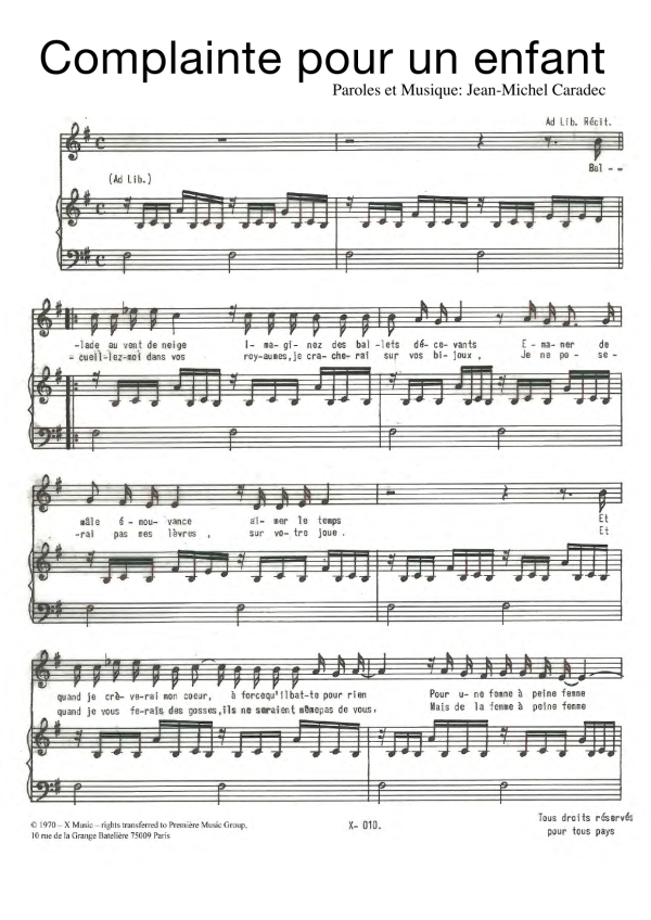 Jean-Michel Caradec Complainte Pour Un Enfant Musik Noten - Piano & Vocal - 119651-0