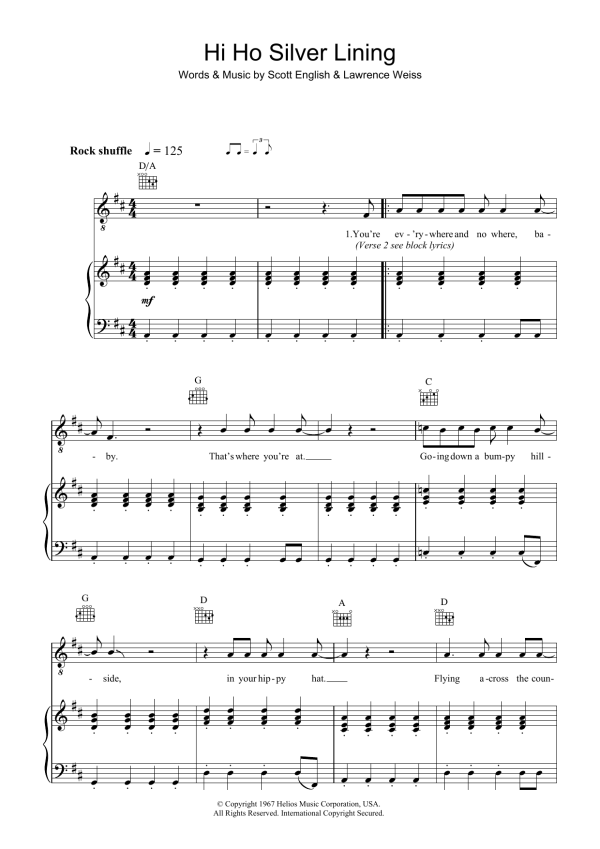 Jeff Beck Hi Ho Silver Lining Musik Noten - Piano Chords/Lyrics - 102694-0