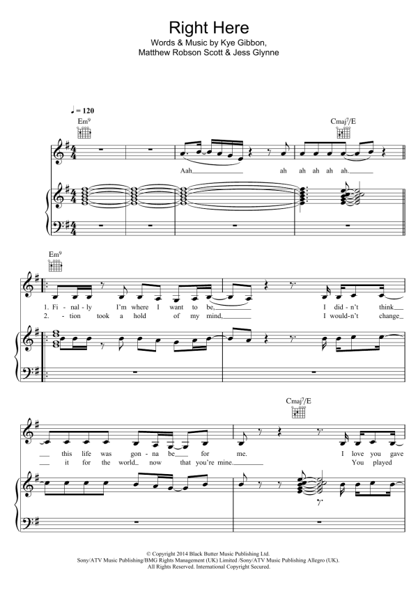 Jess Glynne Right Here Musik Noten - Piano, Vocal & Guitar Chords - 119153-0