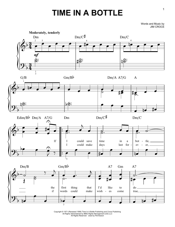 Jim Croce Time In A Bottle Musik Noten - Piano Chords/Lyrics - 87576-0