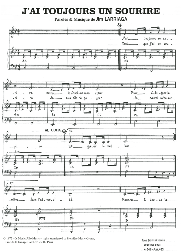 Jim Larriaga J'ai Toujours un Sourire Musik Noten - Piano & Vocal - 119600-0