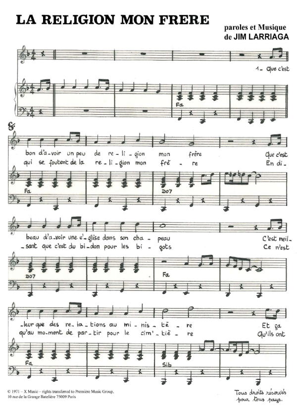 Jim Larriaga La Religion Mon Frere Musik Noten - Piano & Vocal - 119835-0