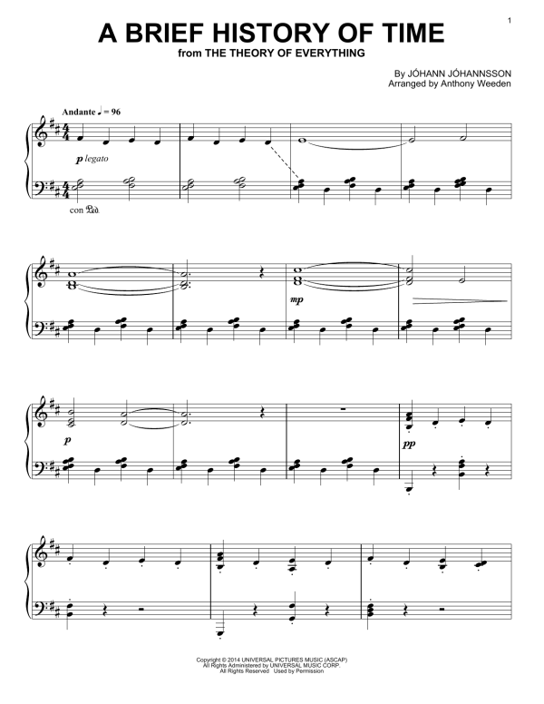Johann Johannsson A Brief History Of Time (from The Theory Of Everything) Musik Noten - Piano Solo - 158171-0