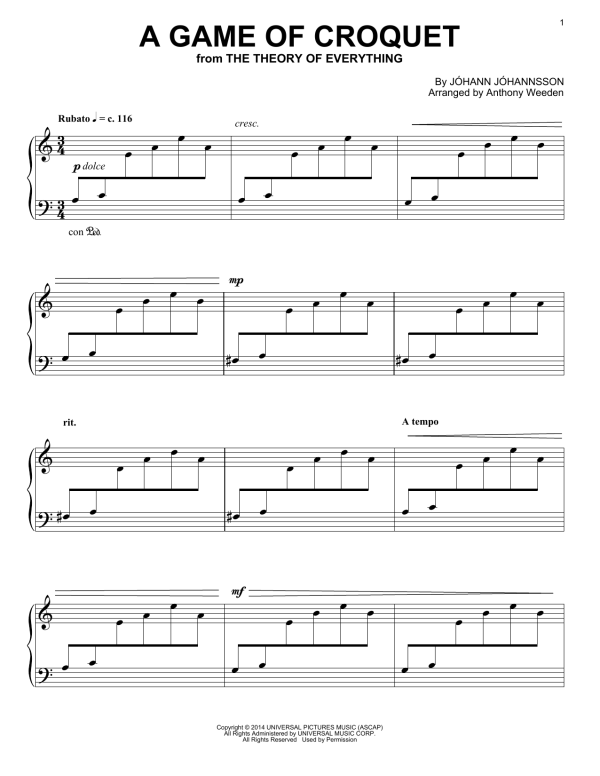 Johann Johannsson A Game Of Croquet (from The Theory Of Everything) Musik Noten - Piano Solo - 158169-0
