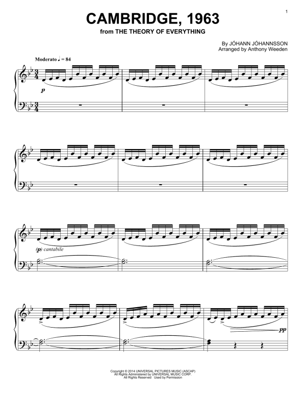 Johann Johannsson Cambridge, 1963 (from The Theory Of Everything) Musik Noten - Piano Solo - 158170-0