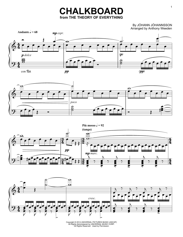 Johann Johannsson Chalkboard (from The Theory Of Everything) Musik Noten - Piano Solo - 158168-0