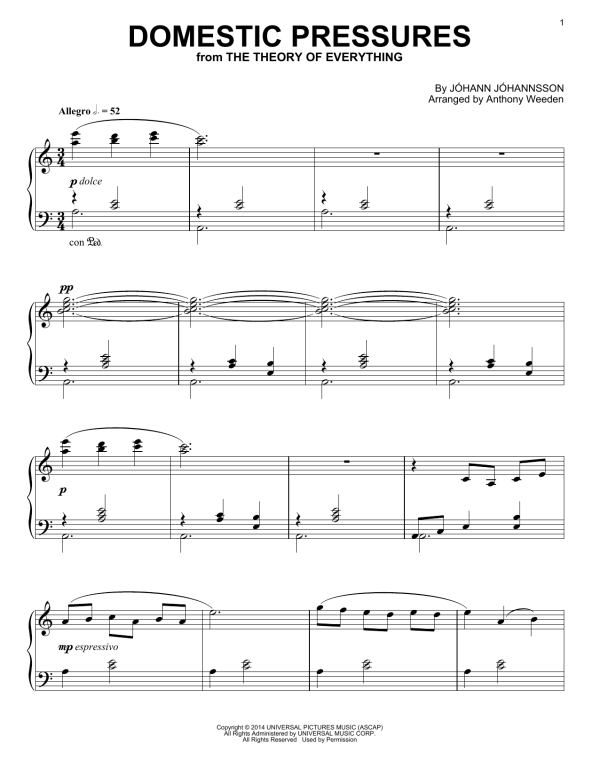 Johann Johannsson Domestic Pressures (from The Theory Of Everything) Musik Noten - Piano Solo - 158173-0