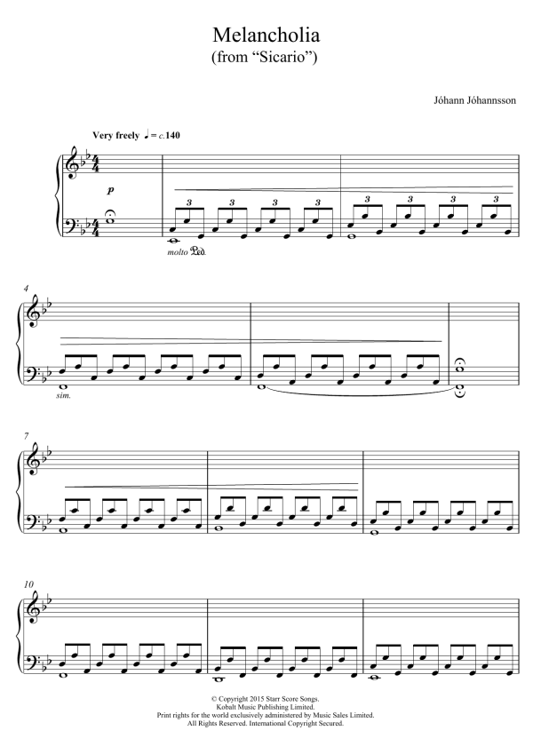 Johann Johannsson Melancholia (from Sicario) Musik Noten - Piano Solo - 124029-0