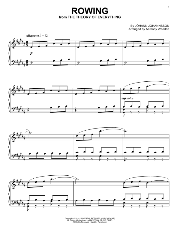 Johann Johannsson Rowing (from The Theory Of Everything) Musik Noten - Piano Solo - 158166-0