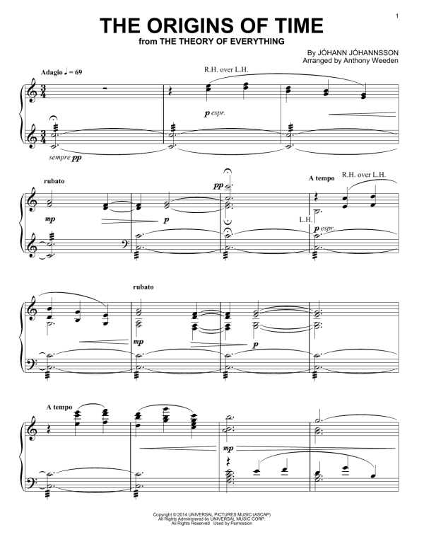 Johann Johannsson The Origins Of Time (from The Theory Of Everything) Musik Noten - Piano Solo - 158175-0