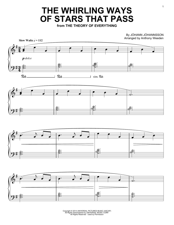Johann Johannsson The Whirling Ways Of Stars That Pass (from The Theory Of Everything) Musik Noten - Piano Solo - 158164-0
