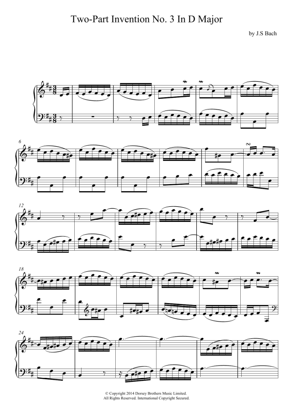 Johann Sebastian Bach Two-Part Invention No. 3 In D Major Musik Noten - Piano Solo - 117930-0