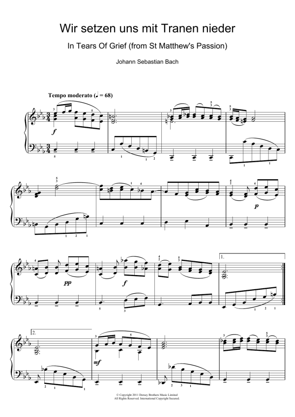 Johann Sebastian Bach Wir setzen uns mit Tranen nieder Musik Noten - Piano Solo - 111107-0