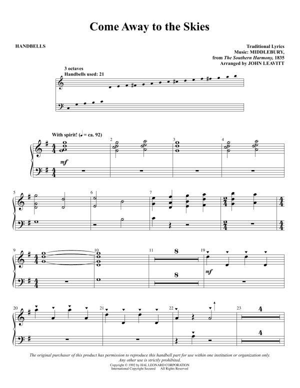 John Leavitt Come Away To The Skies Musik Noten - Handbells - 88280-0