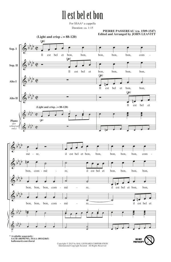 John Leavitt Il Est Bel Et Bon (A Good And Handsome Man) Musik Noten - SATB Choir - 162045-0