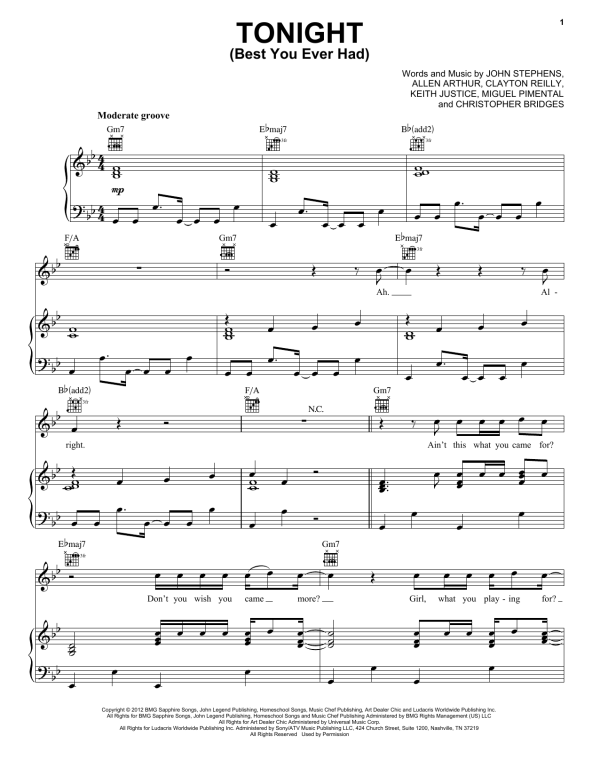 John Legend Tonight (Best You Ever Had) Musik Noten - Piano, Vocal & Guitar Chords - 155910-0