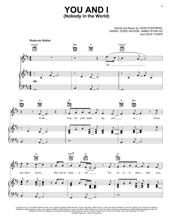 John Legend You And I (Nobody In The World) Musik Noten - Piano, Vocal & Guitar Chords - 155909-0