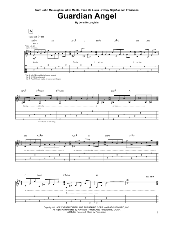 John McLaughlin, Al Di Meola, Paco De Lucia Guardian Angel Musik Noten - Guitar Tab - 162208-0