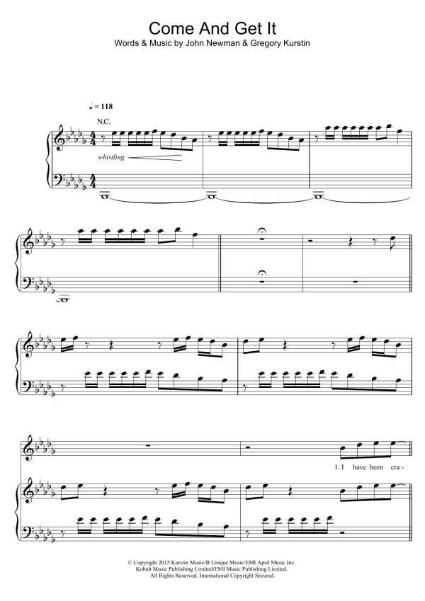 John Newman Come And Get It Musik Noten - Piano, Vocal & Guitar Chords - 121563-0