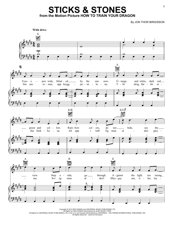 John Powell Sticks & Stones (from How to Train Your Dragon) Musik Noten - Piano, Vocal & Guitar Chords - 157382-0