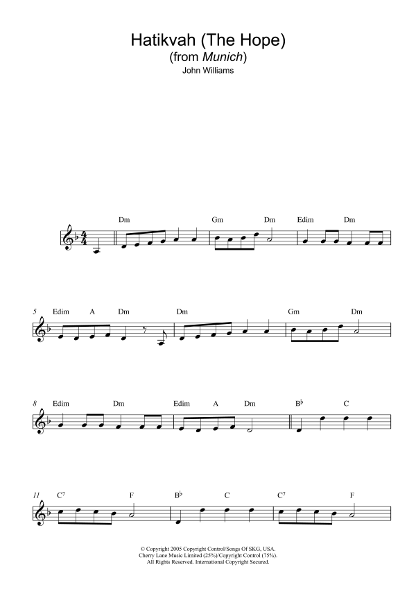John Williams Hatikvah (The Hope) (from Munich) Musik Noten - Piano Chords/Lyrics - 117516-0