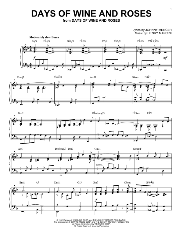 Johnny Mercer Days Of Wine And Roses [Jazz version] Musik Noten - Piano Solo - 178394-0