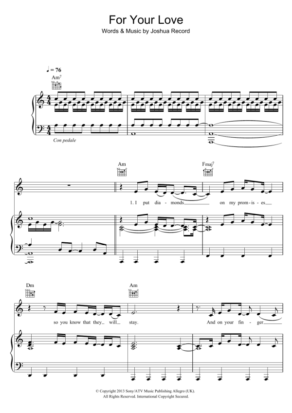 Josh Record For Your Love Musik Noten - Piano, Vocal & Guitar Chords - 118475-0