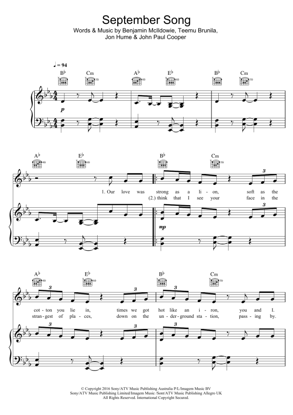 JP Cooper September Song Musik Noten - Piano, Vocal & Guitar Chords - 124054-0
