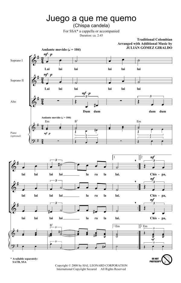 Julian Gomez Giraldo Juego A Que Me Quemo (Chispa Candela) Musik Noten - SSA Choir - 66803-0