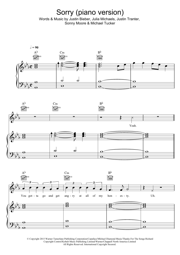 Justin Bieber Sorry (piano version) Musik Noten - Piano, Vocal & Guitar Chords - 122702-0