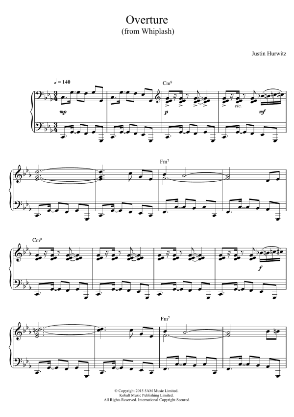Justin Hurwitz Overture (from Whiplash) Musik Noten - Piano Solo - 123573-0