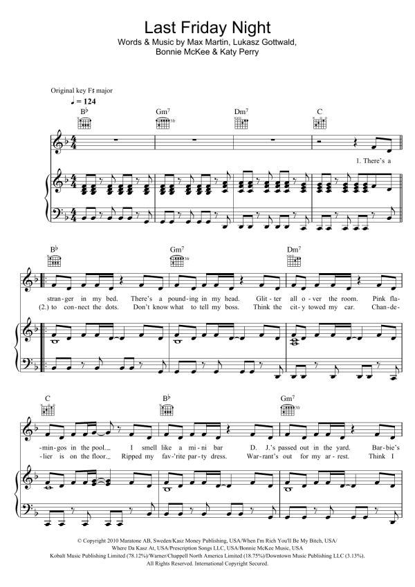 Katy Perry Last Friday Night Musik Noten - Piano, Vocal & Guitar Chords - 110676-0