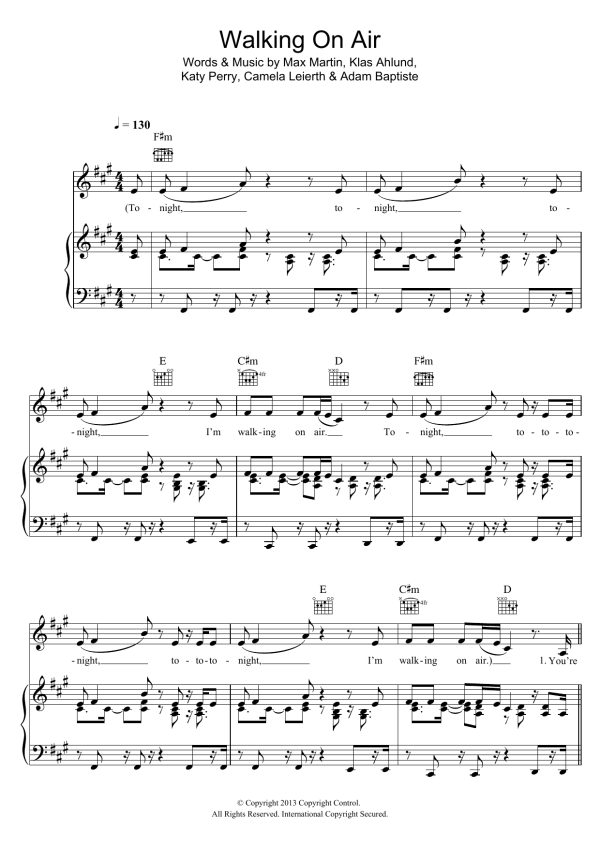 Katy Perry Walking On Air Musik Noten - Piano, Vocal & Guitar Chords - 117164-0