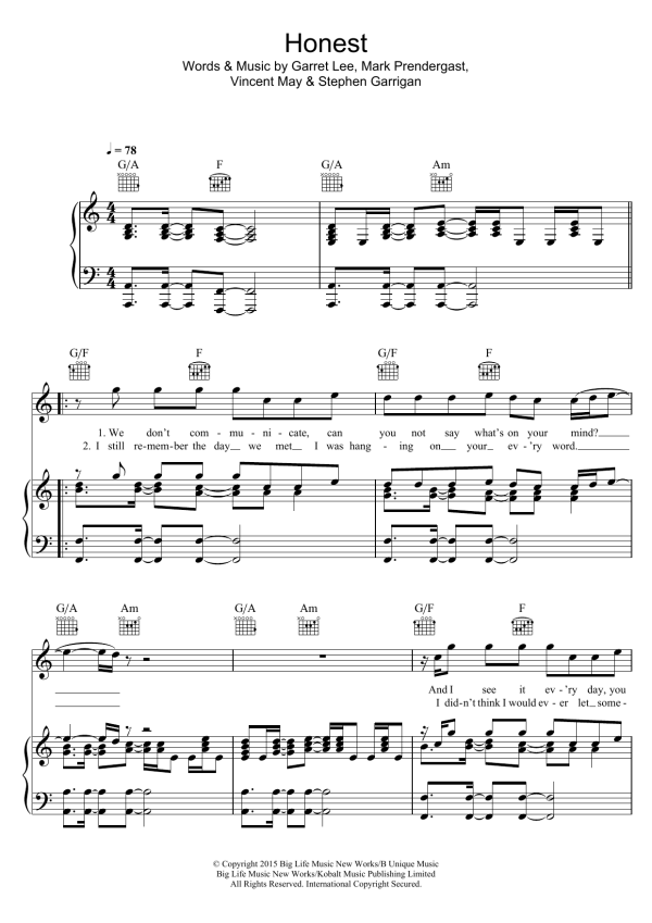 Kodaline Honest Musik Noten - Piano, Vocal & Guitar Chords - 120603-0