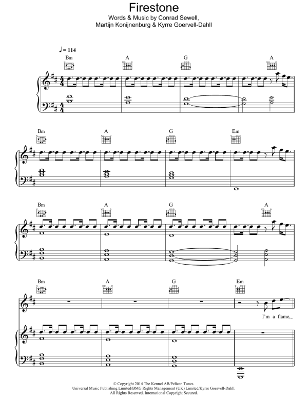 Kygo Firestone (featuring Conrad Sewell) Musik Noten - Piano, Vocal & Guitar Chords - 121901-0