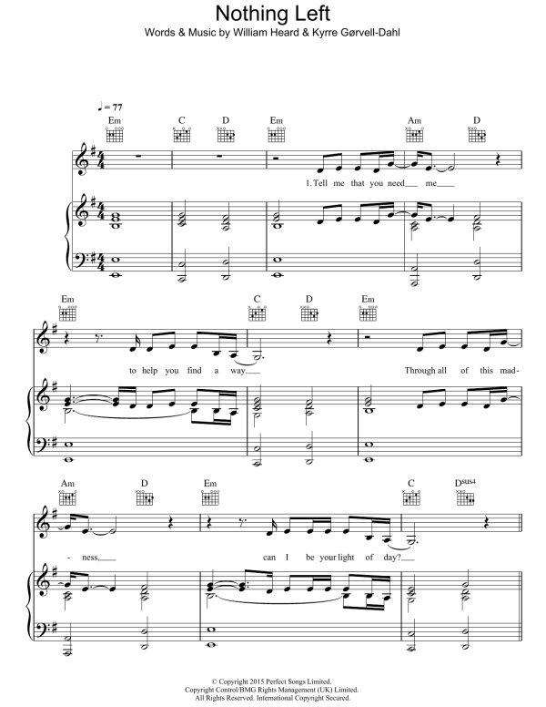 Kygo Nothing Left (featuring William Heard) Musik Noten - Piano, Vocal & Guitar Chords - 121874-0
