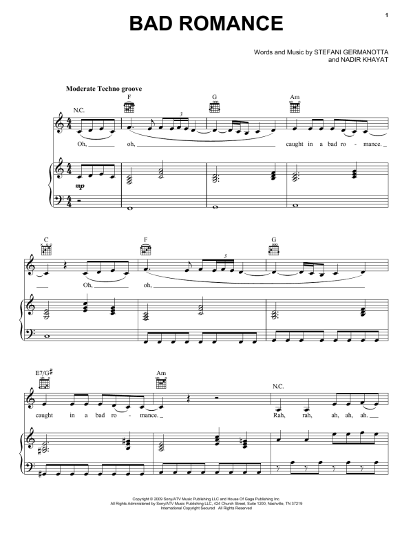 Lady Gaga Bad Romance Musik Noten - Piano, Vocal & Guitar Chords - 111204-0