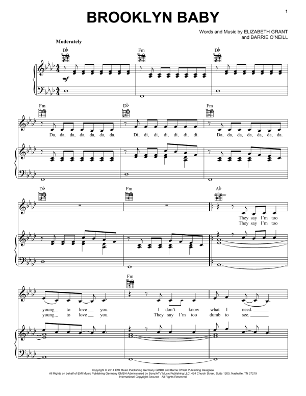 Lana Del Rey Brooklyn Baby Musik Noten - Piano, Vocal & Guitar Chords - 155969-0