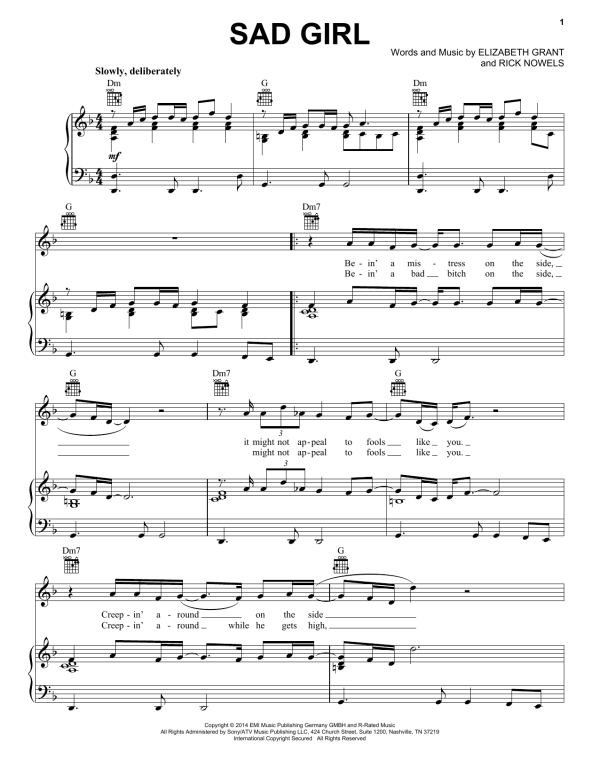 Lana Del Rey Sad Girl Musik Noten - Piano, Vocal & Guitar Chords - 155979-0