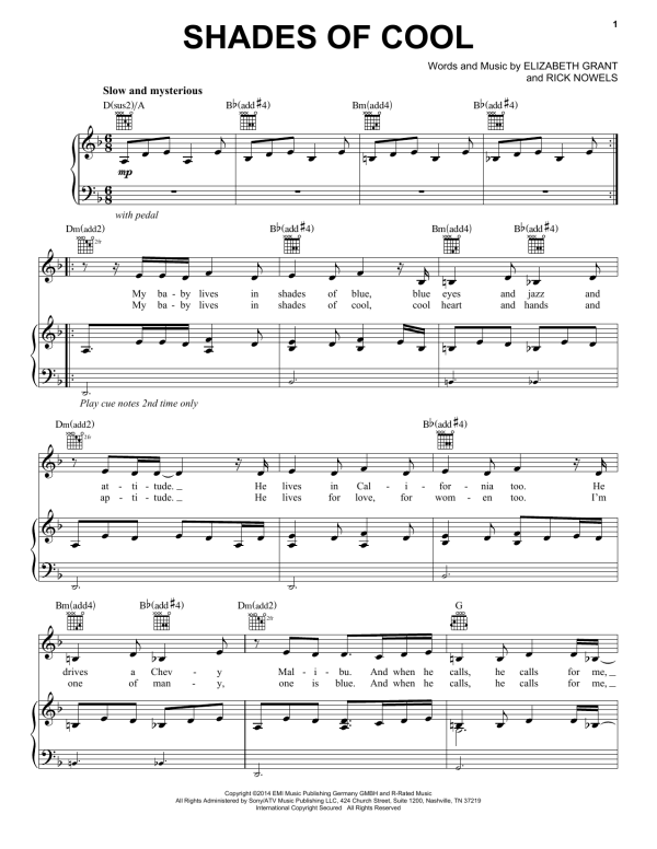 Lana Del Rey Shades Of Cool Musik Noten - Piano, Vocal & Guitar Chords - 155980-0